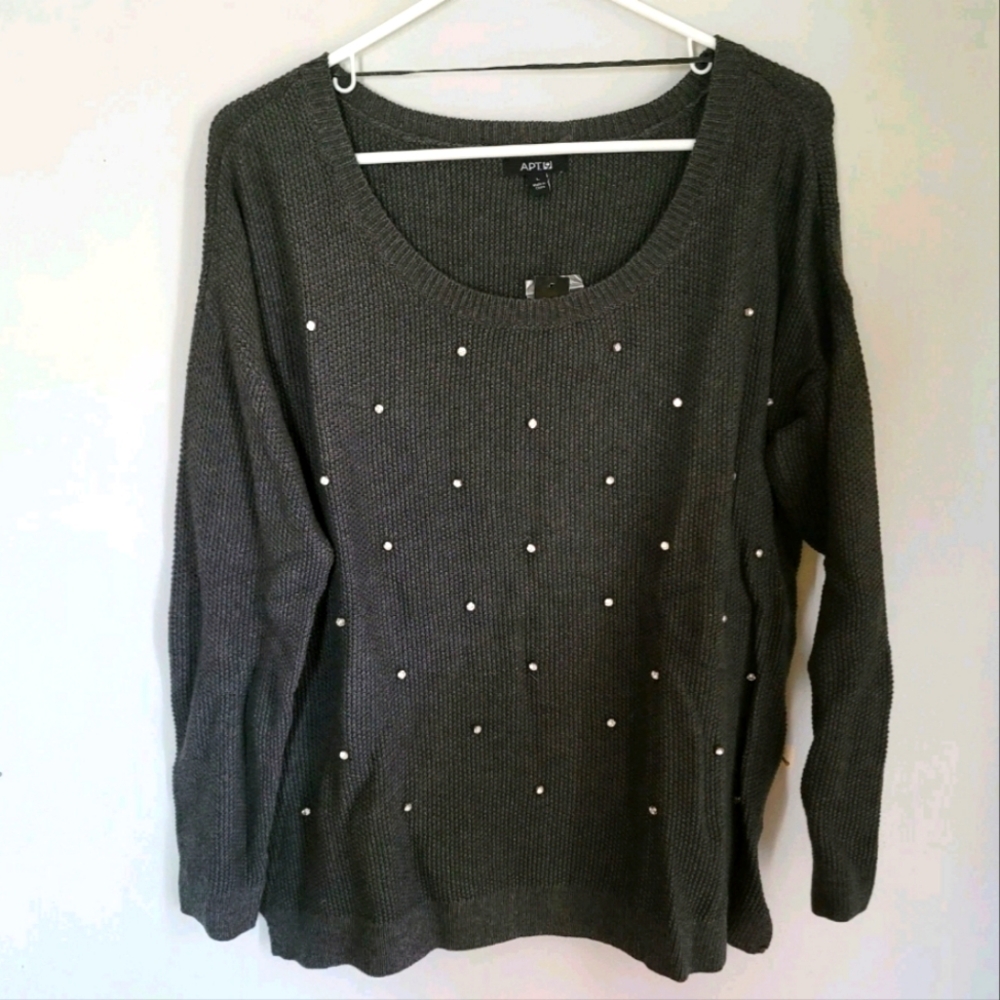 NWT Apt 9‎ Womens Size Large Gray Sweater With Rhinestones Gems Fisherman Preppy